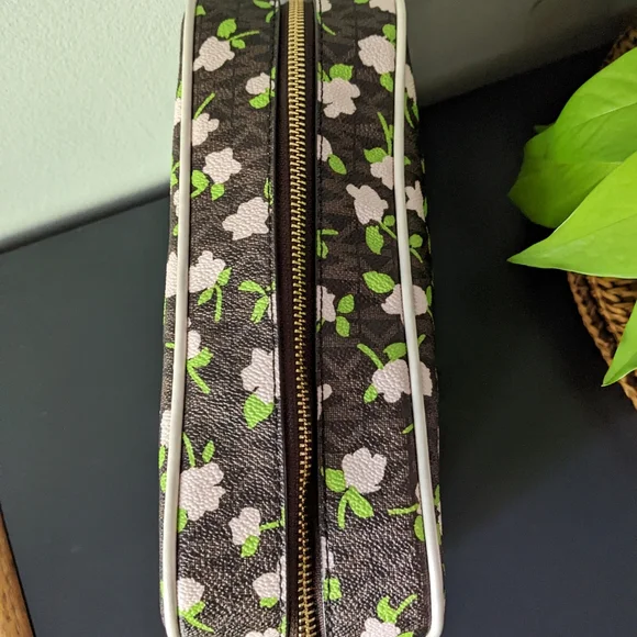 Michael Kors Jet Set Large Zip Travel Cosmetic Pouch Brown Pink Floral Print - Picture 6 of 13